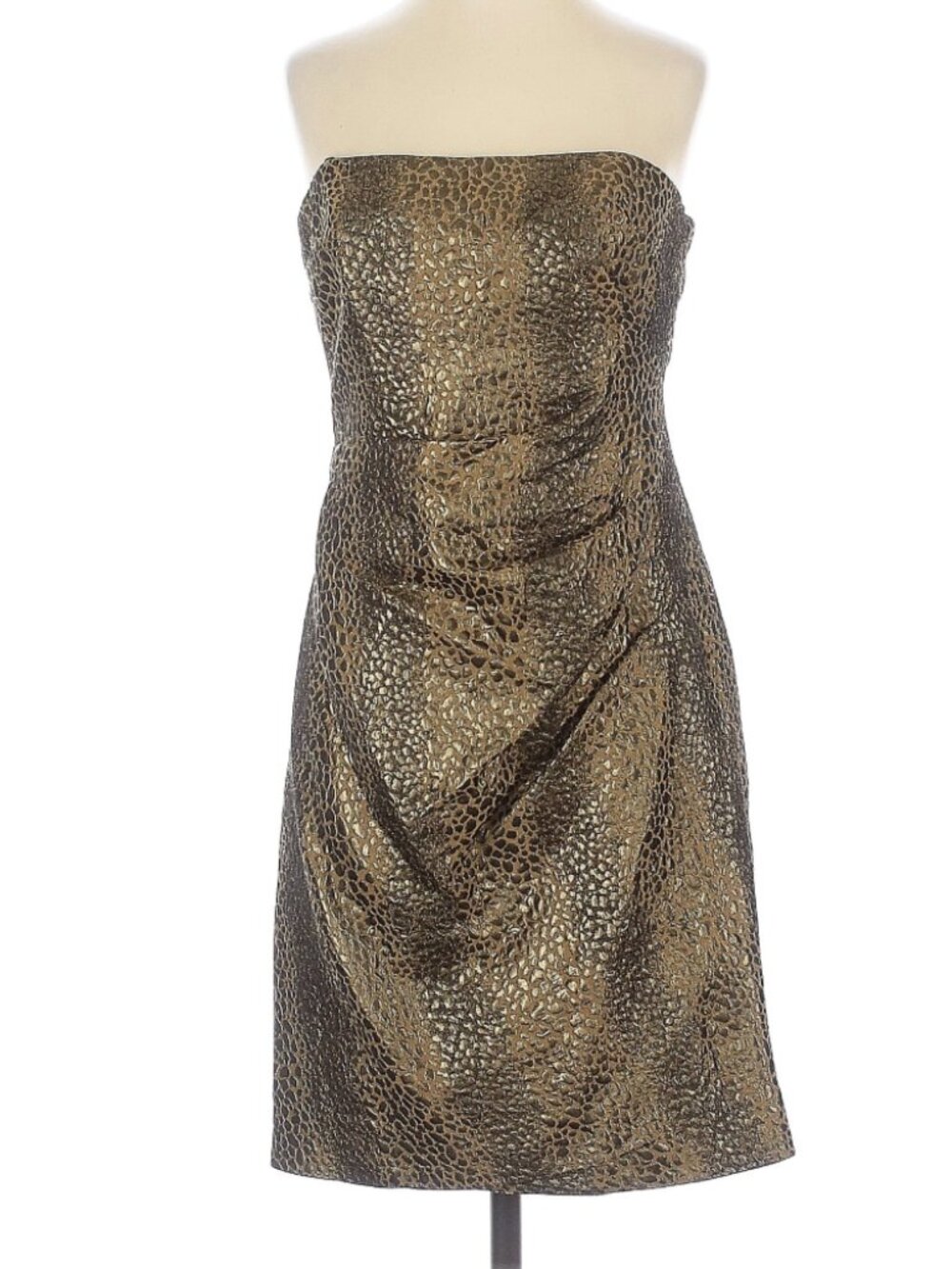 Nicole Miller Gold Metallic Strapless Cocktail Dress Size 4 Animal Print Shimmer